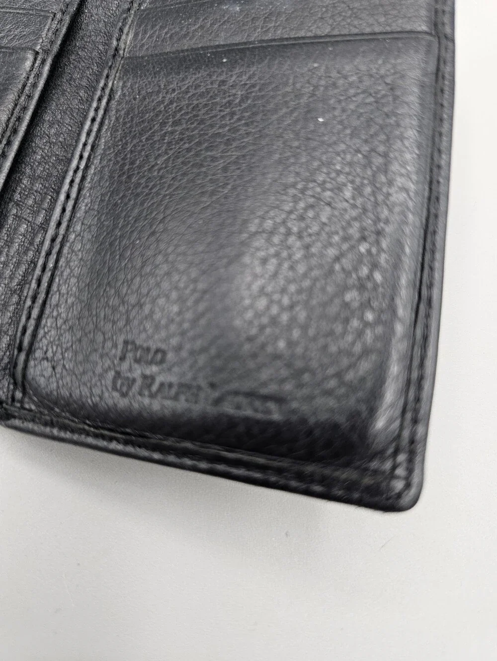 Polo Ralph Lauren Black leather trifold wallet Soft Worn Grandpa Dad Vtg Stains